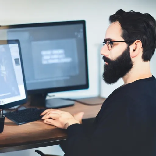 Prompt: dark-haired man with beard using desktop computer