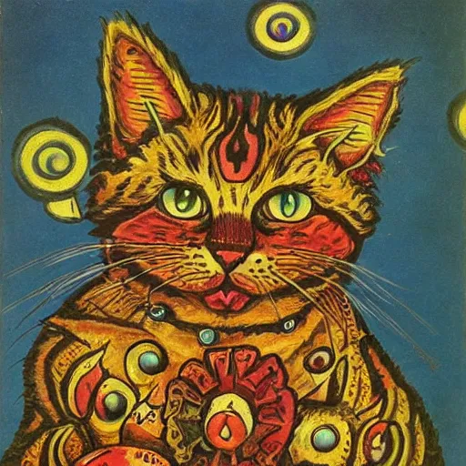 Prompt: a necromancer cat, louis wain, fantasy art