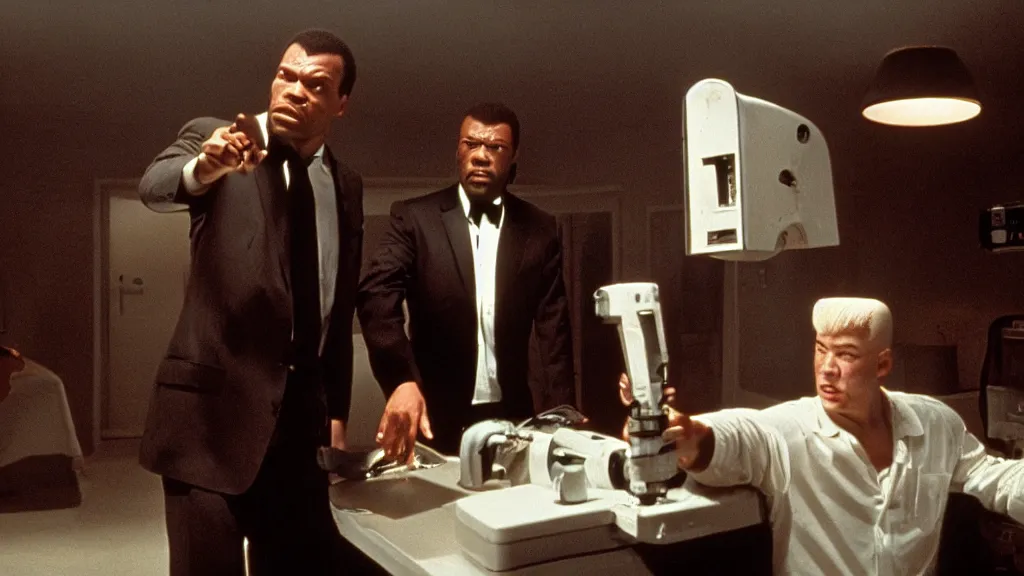 Prompt: movie still of pulp fiction but with robots, movie still, cinematic composition, cinematic light, by david lynch