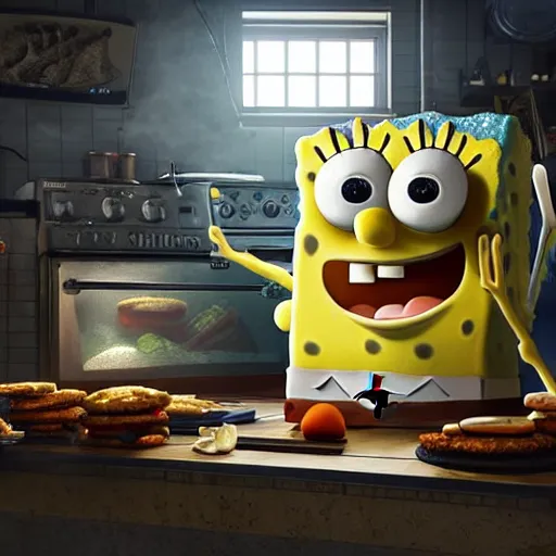 Image similar to hyperrealistic mixed media high resolution image of SpongeBob SquarePants standing next to a stove flipping burgers , stunning 3d render inspired art by István Sándorfi and Greg Rutkowski, perfect symmetry, dim volumetric lighting, 8k octane beautifully detailed render, post-processing, extremely hyper-detailed, intricate, epic composition, highly detailed attributes, highly detailed atmosphere, cinematic lighting, masterpiece, trending on artstation, very very detailed, masterpiece, stunning, flawless structure, lifelike texture, perfection,