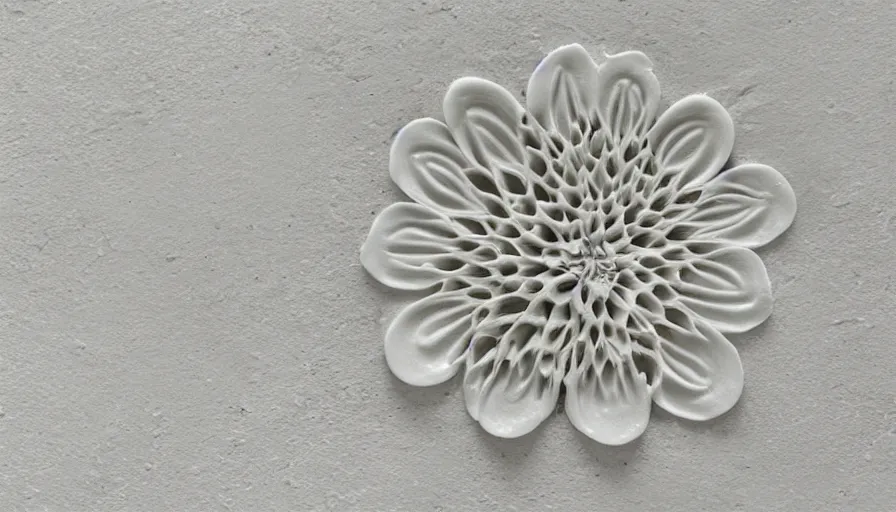 Image similar to a flower made of milk on a white ceramic floor