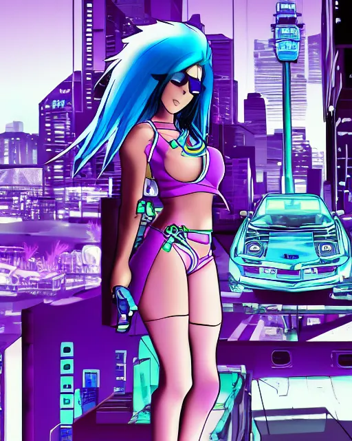 Image similar to cel shaded art of a pretty blue haired girl standing next to a purple lamborghinil, jet grind radio graphics, cyberpunk city street background