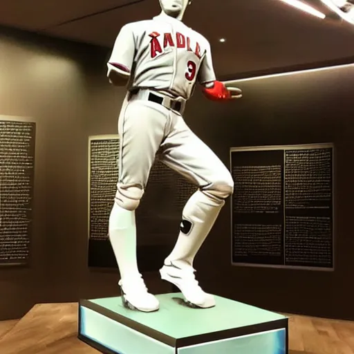 Image similar to “a realistic detailed photo of a guy who is an attractive humanoid who is half robot and half humanoid, who is a male android, baseball player Mike Trout, shiny skin, posing like a statue, blank stare, at a museum, on display”