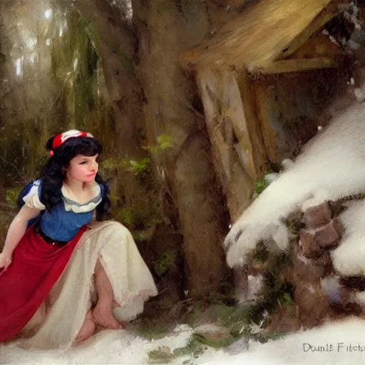 Image similar to close up of snow white and the 7 dwarfs, cinematographic shot, by daniel f. gerhartz