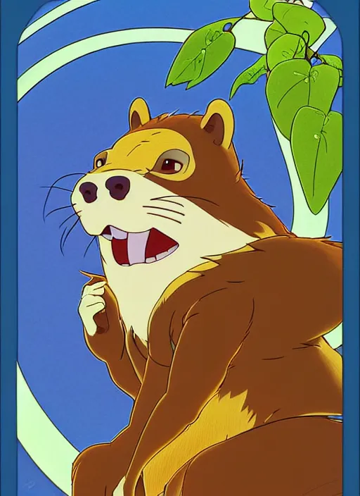 Image similar to cute beaver wear high - vis jacket trading card design, natural lighting, path traced, highly detailed, high quality, digital painting, by don bluth and ross tran and studio ghibli and alphonse mucha, artgerm