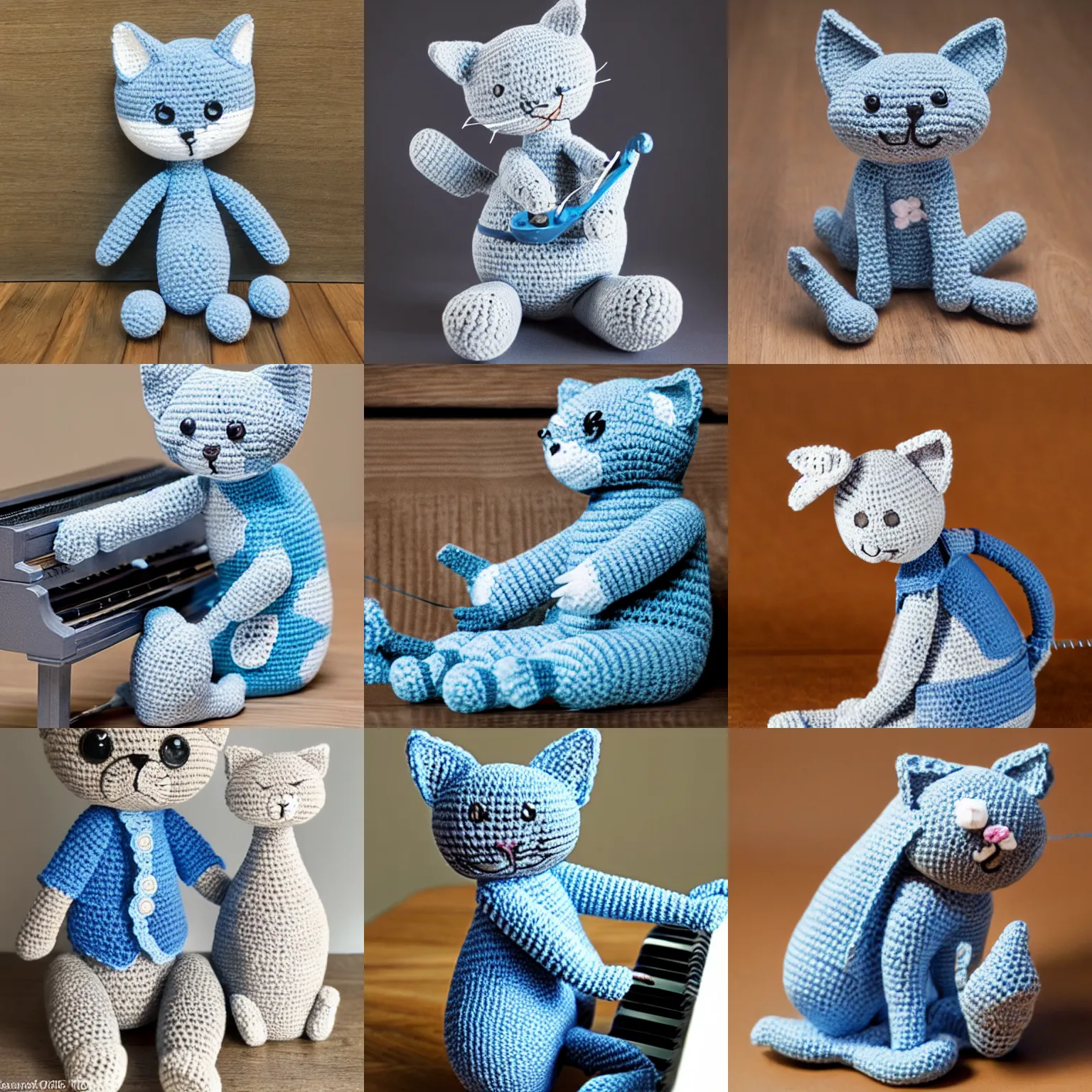 Image similar to product image of a crochet gray cat in light blue shirt playing crochet piano. beautifully made, very detailed, studio lighting, high quality, high resolution