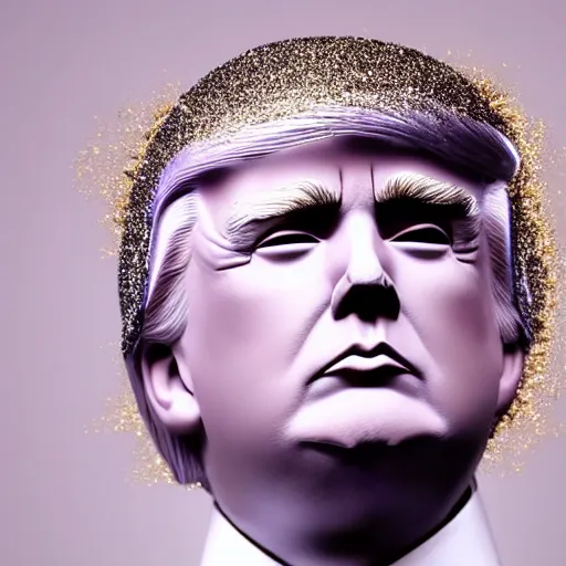 Image similar to Donald Trump with silver-violet hair, white eyes and golden glittery dress, wide lens, diorama, 4k,