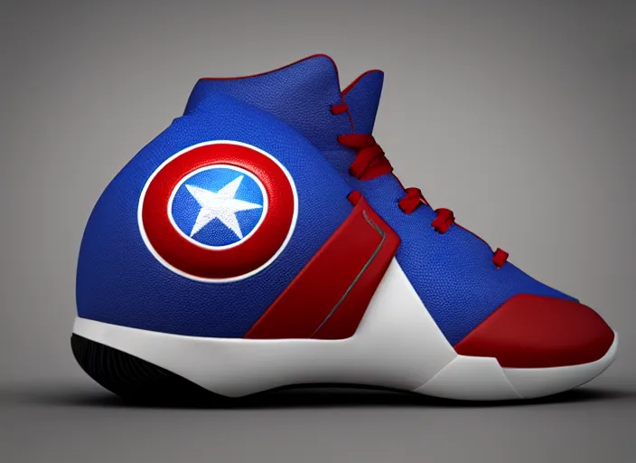 Prompt: basketball sneakers concept of captain america, cinema 4 d render, octane render, smooth, sharp focus