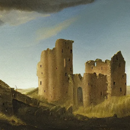 Image similar to a painting of a ruined castle, in the style of caspar david friedrich