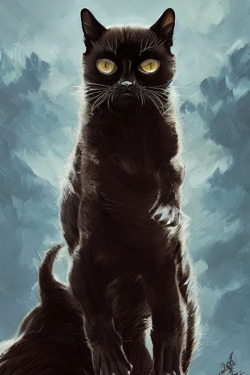 Image similar to Grumpy Cat Kitten, Black Panther, intricate, elegant, highly detailed, digital painting, artstation, concept art, smooth, sharp focus, illustration, art by artgerm and greg rutkowski and alphonse mucha