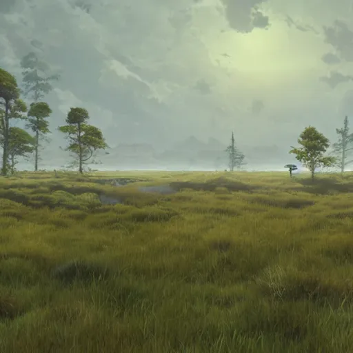 Image similar to concept art painting of a moorland swamp marsh on a plateau with mountainous forest below, realistic, detailed, cel shaded, in the style of makoto shinkai and greg rutkowski and james gurney