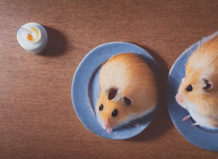Image similar to photo of a hamsters on a date, eating various michelin dishes, at night, faded colors, candlelit restaurant table, various poses, soft light, centered, sharp focus, 8 k