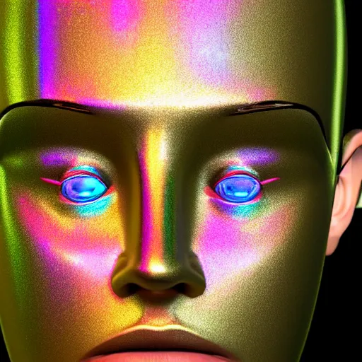 Image similar to 3d render of holographic human robotic head made of glossy iridescent, surrealistic 3d illustration of a human face non-binary, non binary model, 3d model human, cryengine, made of holographic texture, holographic material, holographic rainbow, concept of cyborg and artificial intelligence