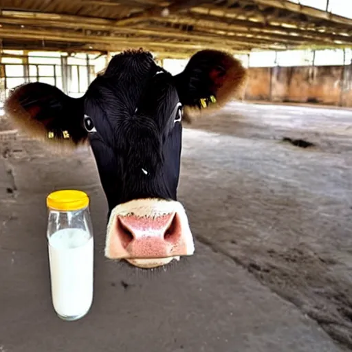 Image similar to dirty bottle of milk and a cow inside slaughterhouse