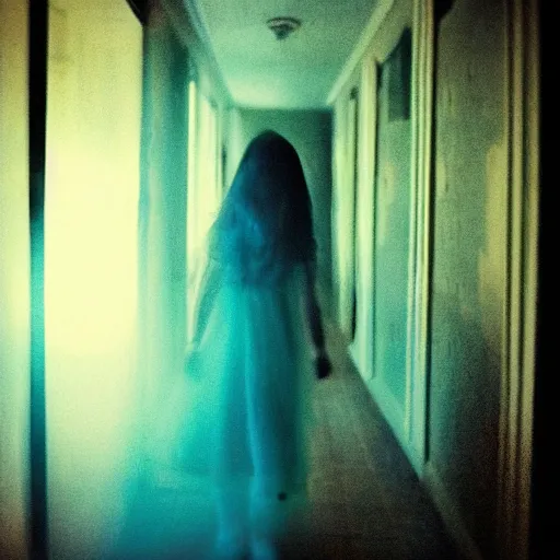 Image similar to “A beautiful photograph of a young girl as a ghost, blue lighting, hallway”