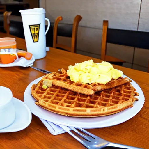 Image similar to first person perspective picture of arms on table, wafflehouse