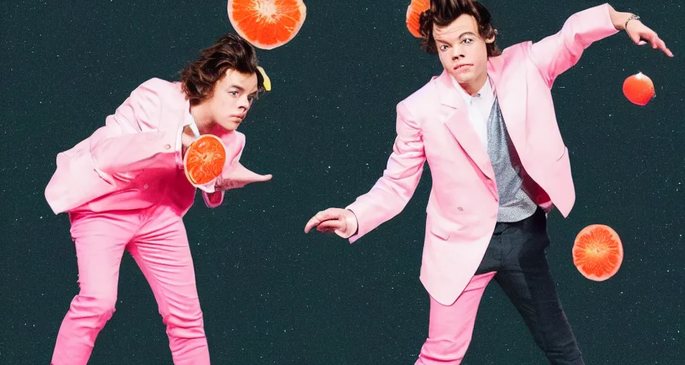 Image similar to harry styles on the moon juggling oranges with a pink skirt