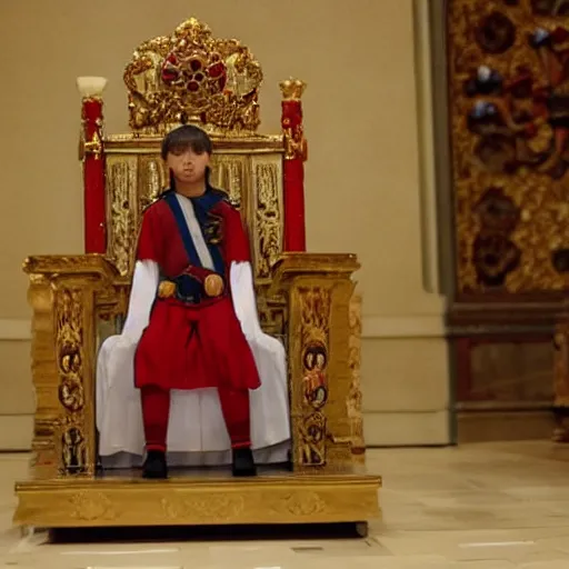 Prompt: on the throne sits a 7 - year - old child who is actually an 8 0 0 - year - old immortal king who is powerful and confident.