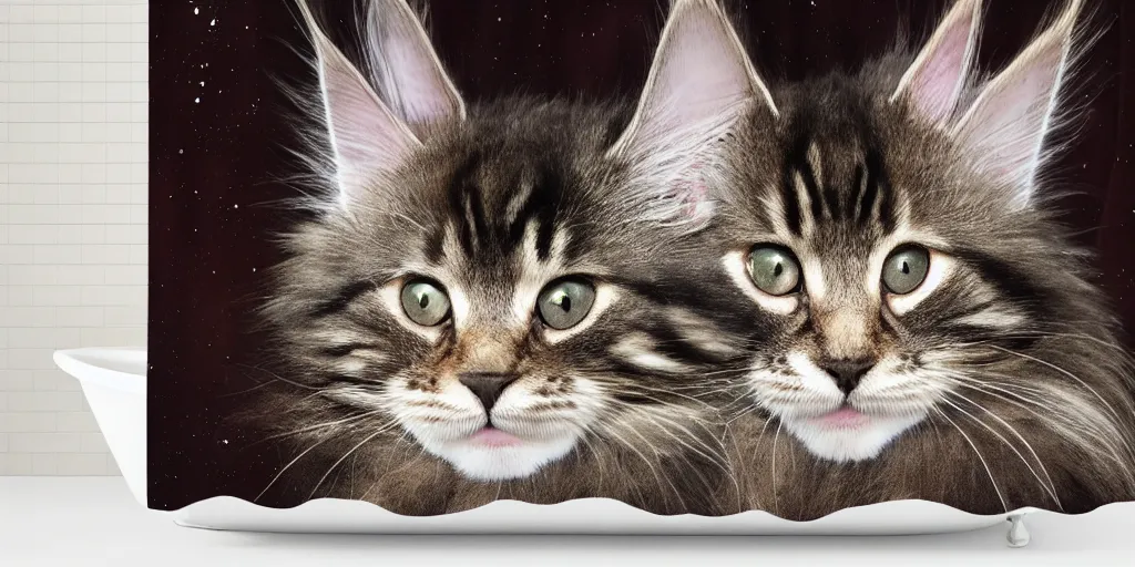 Prompt: a ( ( ( ( ( maine coon kitten ) ) ) ) ) in mandolorian ( tv ) artwork themed shower curtain, shower curtain. digital art. product photography. product lighting. 4 k, highly detailed. saturated. pixar 3 d.