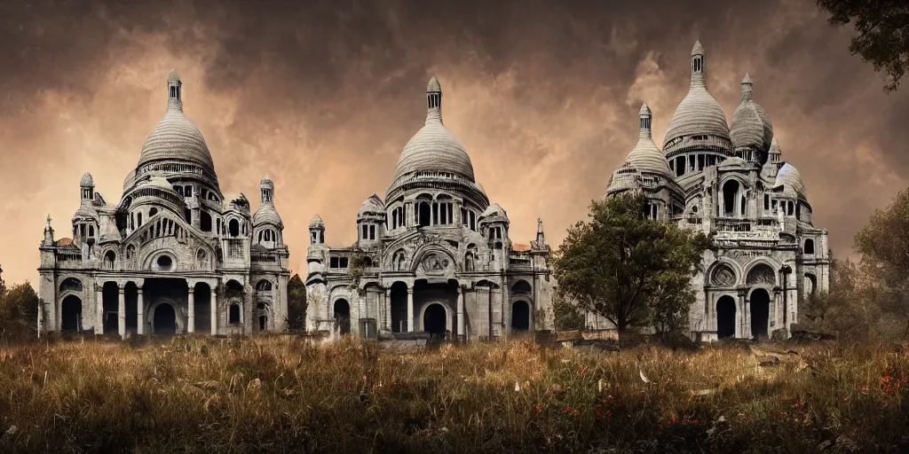 Prompt: the abandoned post-apocalyptic Basilica of Sacré Coeur de Montmartre, toxic orange clouds and contrast the white exterior, a two-headed deer looks on in the distance from the sparse twisted silhouetted foliage, a highly detailed matte painting, featured on Artstation