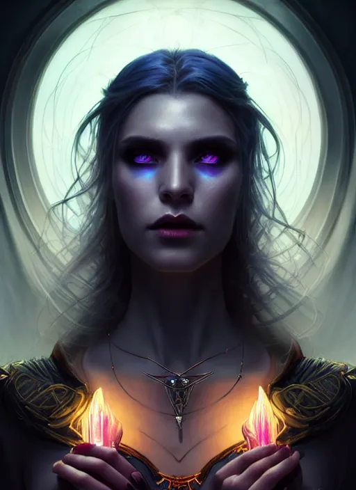 Image similar to a beautiful cinematic female Necromancer Sorceress, galatic shamen with Quantum energy fantasy, fantasy magic, undercut hairstyle, dark light night, intricate, elegant, sharp focus, illustration, highly detailed, digital painting, concept art, matte, art by WLOP and Artgerm and Greg Rutkowski and Alphonse Mucha, masterpiece