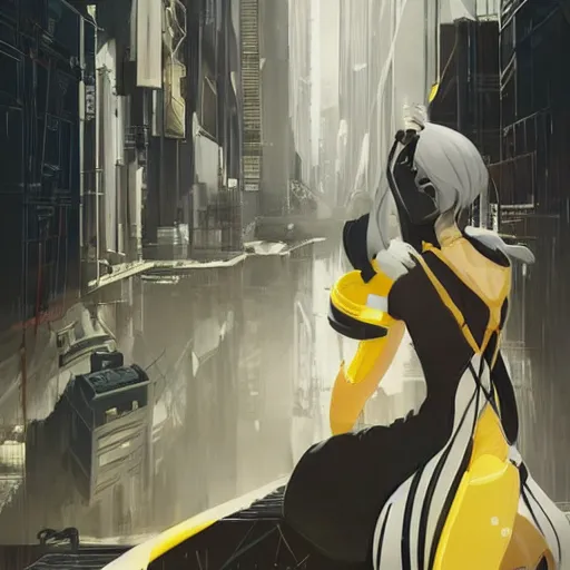 Image similar to luxury advertisement, white and yellow colors. highly detailed post-cyberpunk sci-fi close-up schoolirl in asian city in style of cytus and deemo, mysterious vibes, by Ilya Kuvshinov, by Greg Tocchini, nier:automata, set in half-life 2, beautiful with eerie vibes, very inspirational, very stylish, surrealistic, perfect digital art, mystical journey in strange world, bastion game