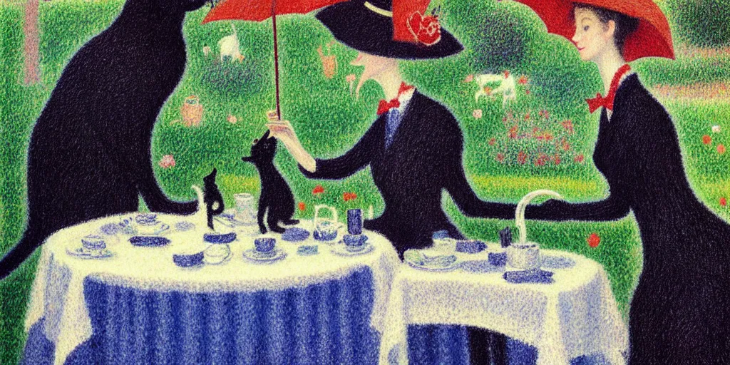 Prompt: anthropomorphic black cat in a suit serving tea to a lady in a beautiful blue dress on a boat, garden, flowers, lake, pale colors, anthropomorphic cat, sunny, sharp focus, highly detailed, pointillist style, art by Georges Seurat, painting, masterpiece