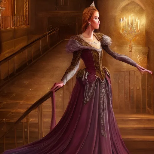 Image similar to Princess at a royal banquet, elegant dress, intricate, matte, digital painting, 8K, warm lighting, large staircase, royalty, high detail, medieval-fantasy, concept art, cinematic, beautiful face, high detailed facial features,