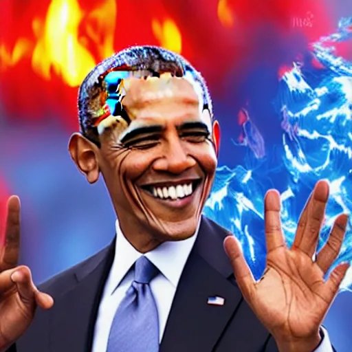 Image similar to Obama has a blue fire engulfing above his hand, Obama is smiling towards the viewer, 40nm lens, 4k,