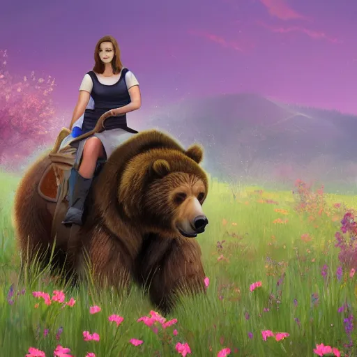Prompt: girl riding a giant grizzly bear in a field of flowers, trending on artstation