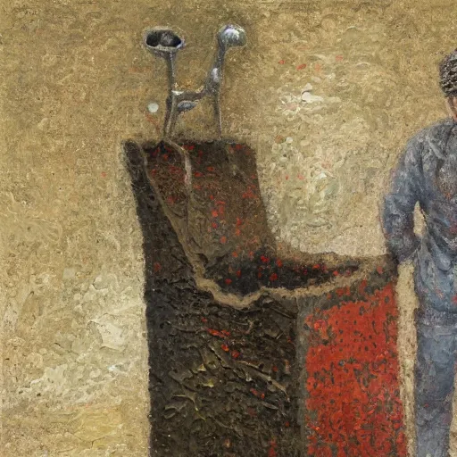 Image similar to a detailed, impasto painting by shaun tan and louise bourgeois of an abstract forgotten sculpture by ivan seal and the caretaker, 1 8 9 0