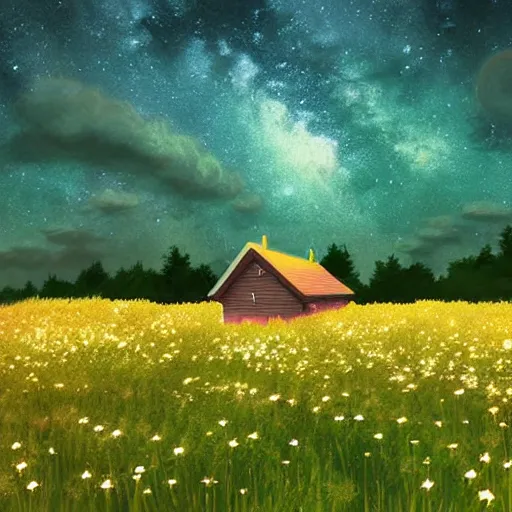 Image similar to A small lonely house in the middle of a flowery field. Beautiful view of the milky way in the night sky. Wide angle shot, award-winning digital art in the anime style by studio Ghibli