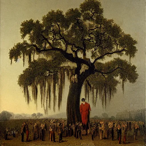 Image similar to huge tree with a lot of hung bodies, southern gothic art, 1 9 th century scene, painted by friedrich caspar david