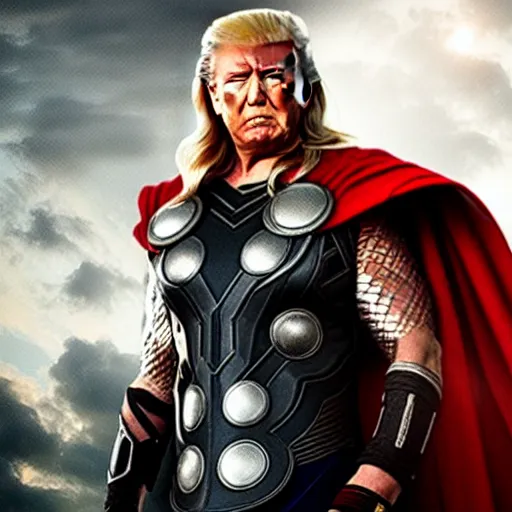 Image similar to Donald Trump as Thor the god of thunder, avengers film still