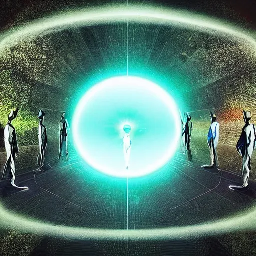 Image similar to “ the group of aliens are going through a portal to another dimension, the picture divided to two parts by portal, unknown nature on another side ”