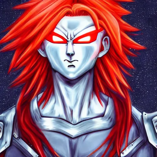 Image similar to a gorgeously defined character with long red hair and immensly glowing eyes, wearing saiyan armor with blue baggy pants, surrealism art, portrait!!, intricately detailed, 4 k quality