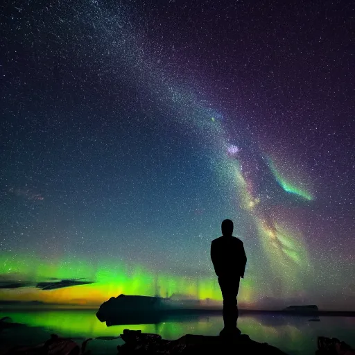 Image similar to 4K Epic Ultra HD detailed award-winning wallpaper silhouette of lonely man standing on rock looking at huge vast sky universe Milky Way aurora