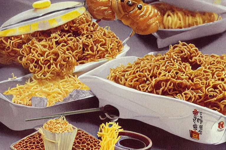 Image similar to mcdonald's fried bees in a yakisoba, in 1 9 9 5, y 2 k cybercore, advertisement photo. artwork by craig mullins