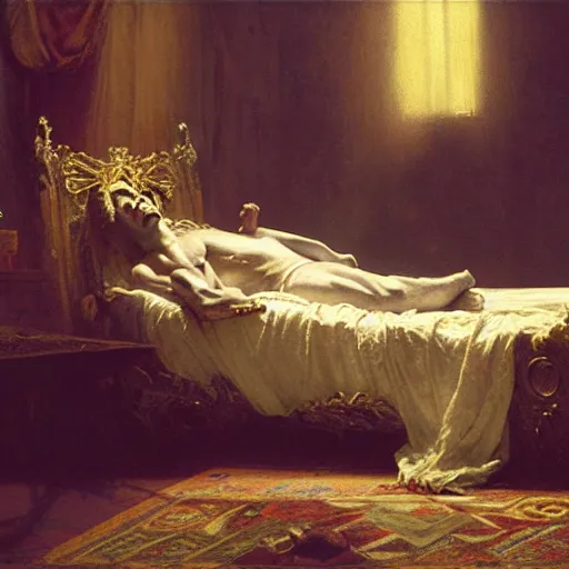 Image similar to the pope laying down in his bed, terrified, because a double horned shadow demon is in the bedroom. highly detailed painting by gaston bussiere, greg rutkowski, craig mullins 8 k