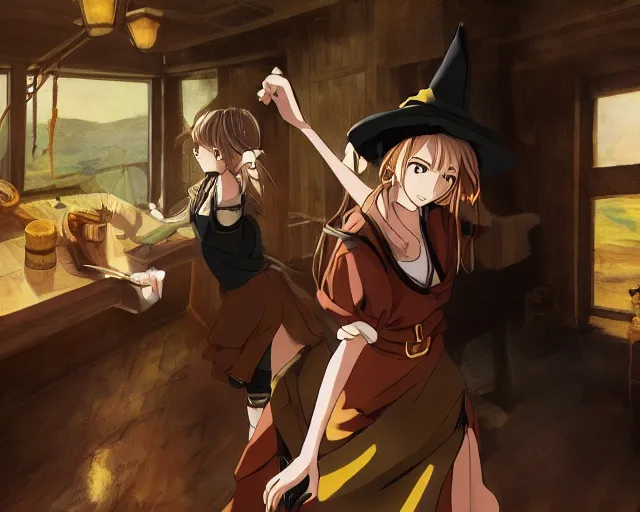 Image similar to key anime visual portrait of a young female witch in a tavern interior defending a companion, dynamic pose, dynamic perspective, cinematic, dramatic lighting.