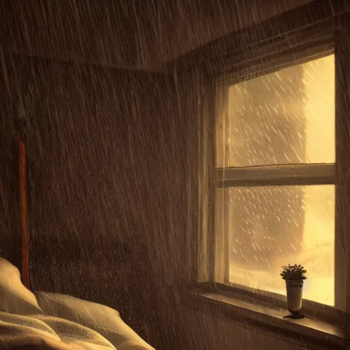 Image similar to on a rainy day, someone sits in bed, curled up under the covers, looking out the window, cinematic, artstation, extremely detailed, intricate, cinematic lighting