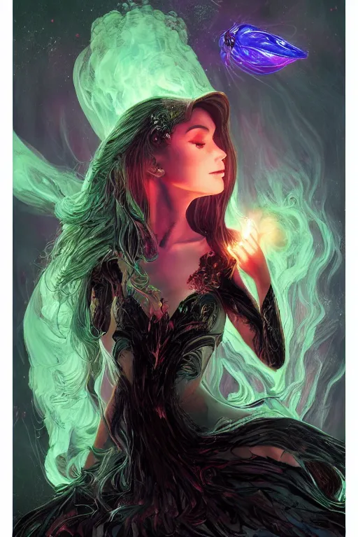 Image similar to evil fire witch ariana grande, art by frank kelly & michael bohme, trending on artstation, bioluminescence closeup view illustrator, american romanticism, very very elegant, 4 k hd