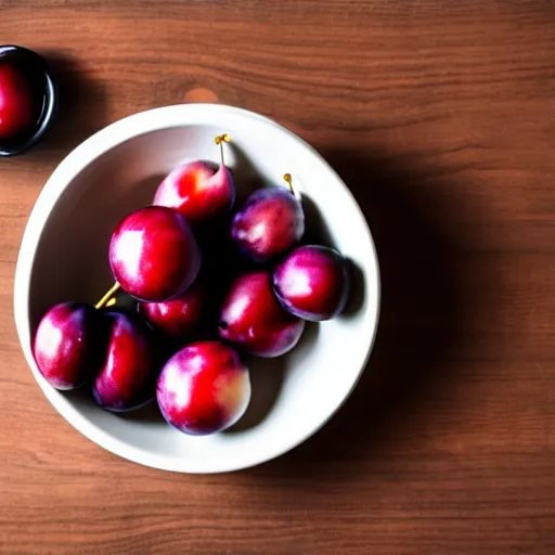 Image similar to photo of a thick porcelain bowl filled with a few moist freshly picked plums on a wooden table. volumetric lighting. 4 k. small scale. realistic. top down.