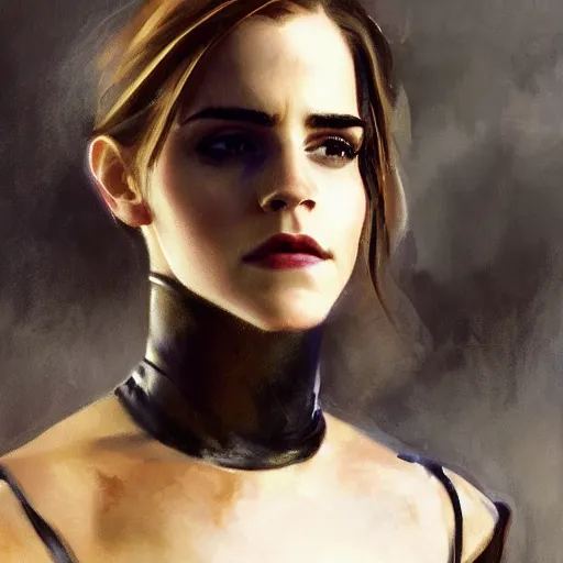 Prompt: close up of emma watson in full leather armor, cinematographic shot, by daniel f. gerhartz