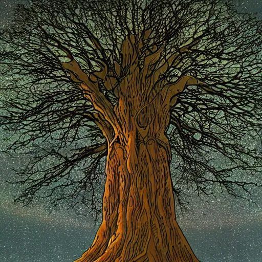 Prompt: a large tree rooted from a crystal planet, by moebius