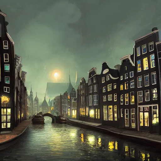 Prompt: a magical town with tall crooked and deformed buildings inspired by amsterdam and victorian england, night time, highly detailed, smooth, digital painting, concept art, game art, matte painting, trending on artstation