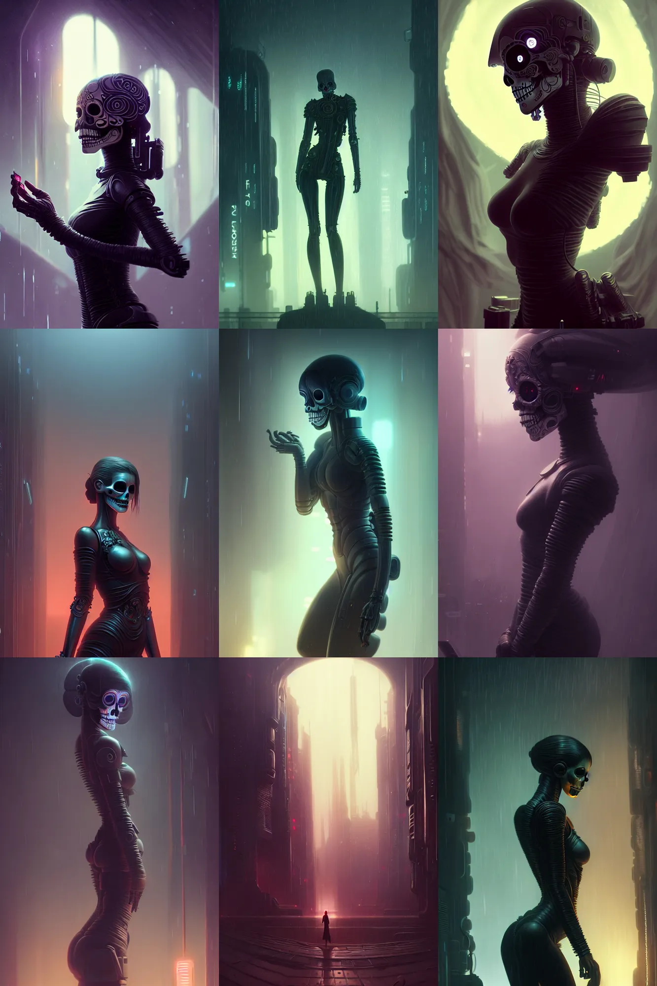 Prompt: beautiful female android!, intricate detailed environment, moody, fog, global illumination, cinematic, ( el dia los muertos ), smooth, blade runner, photorealism, hd, 8 k, beautiful, cinematic, art by moebius and rutkowski and artgerm and mucha and loish and wlop