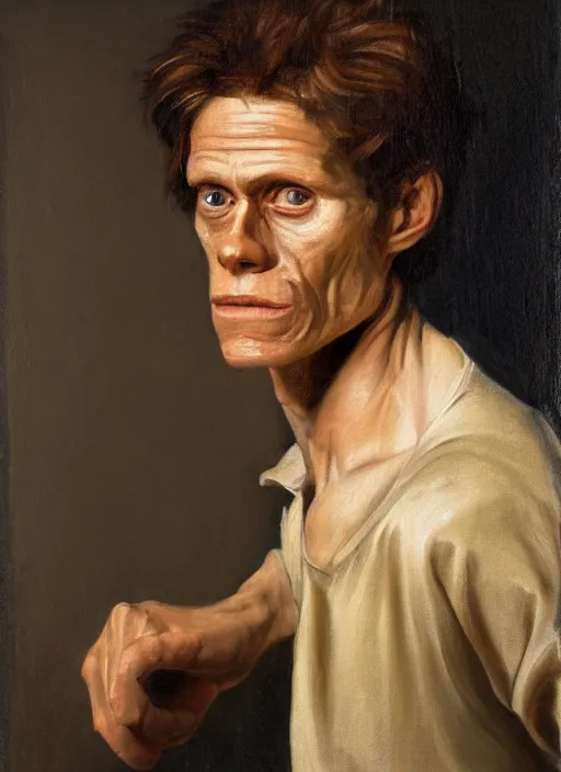 Prompt: portrait painting of 2 4 year old willem dafoe, renaissance oil painting, studious chiaroscuro