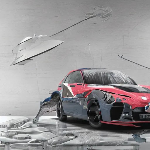 Image similar to sci-fi sport car f1 hatchback transport design organic smooth elastic forms 20% of canvas on the front; background wall structure in the coronation of napoleon painting 40% of canvas; by Jacques-Louis David, pinterest keyshot product render, cloudy plastic ceramic material shiny gloss water reflections, ultra high detail ultra realism, 4k