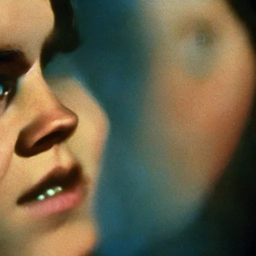 Image similar to film still, close up, emma watson vietnam door gunner, film still from apocalypse now ( 1 9 7 9 ), 2 6 mm, kodak ektachrome, blue tint expired film,